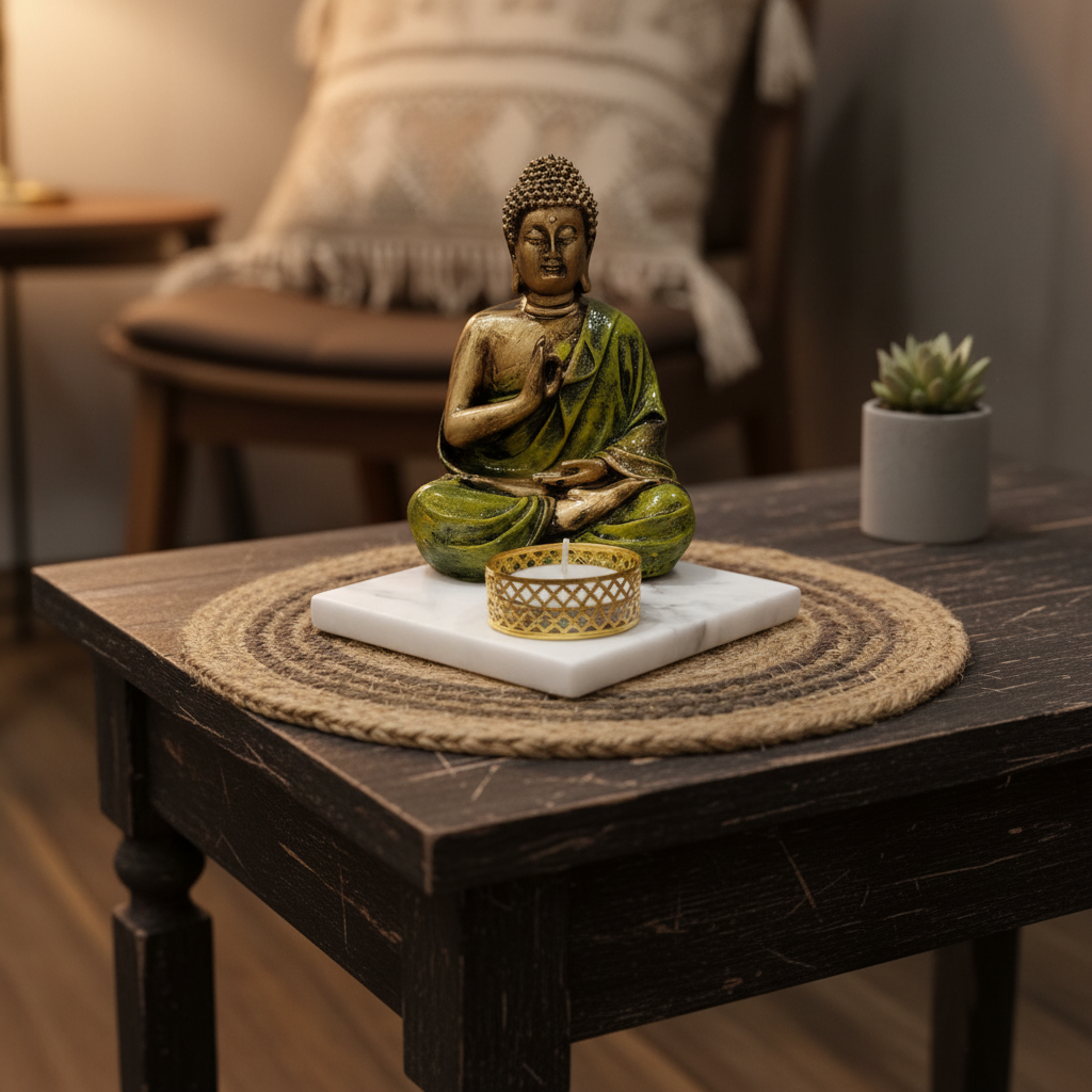 Light Green Meditating Buddha Idol with Tealight Candle Holder