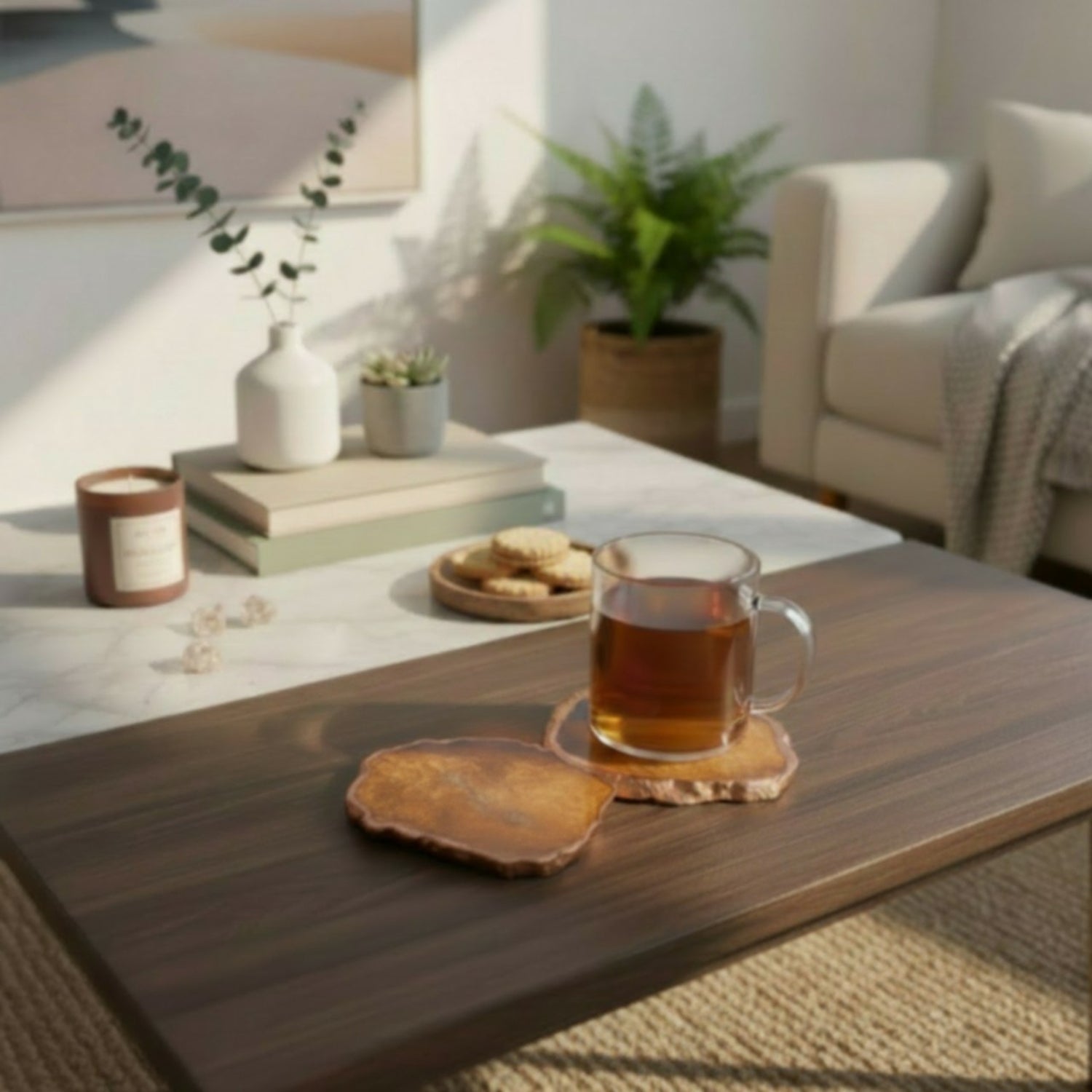 Brown  Crystal Agate Coaster With Rose Gold Plating Set of 2