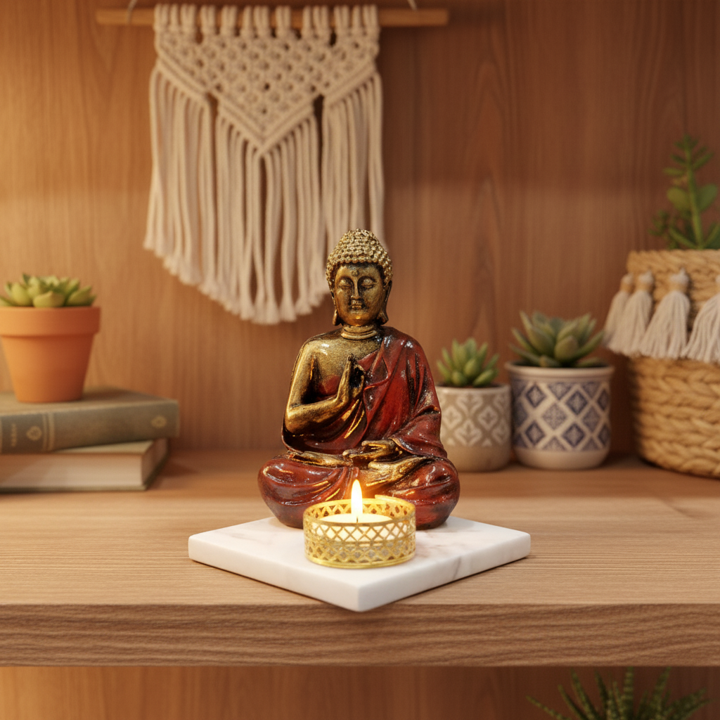 Red Meditating Buddha Idol with Tealight Candle Holder