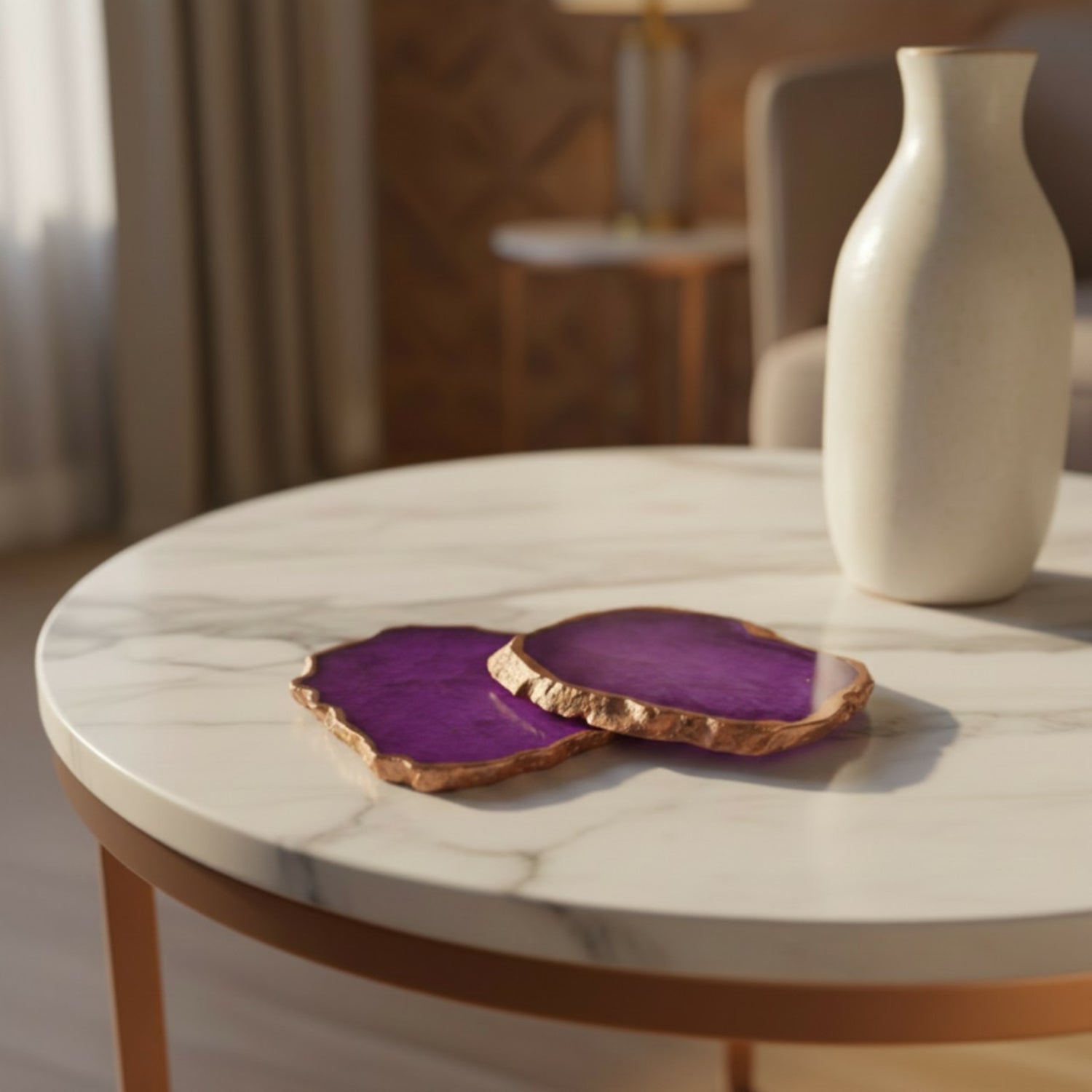Purple  Crystal Agate Coaster With Rose Gold Plating Set Of 2