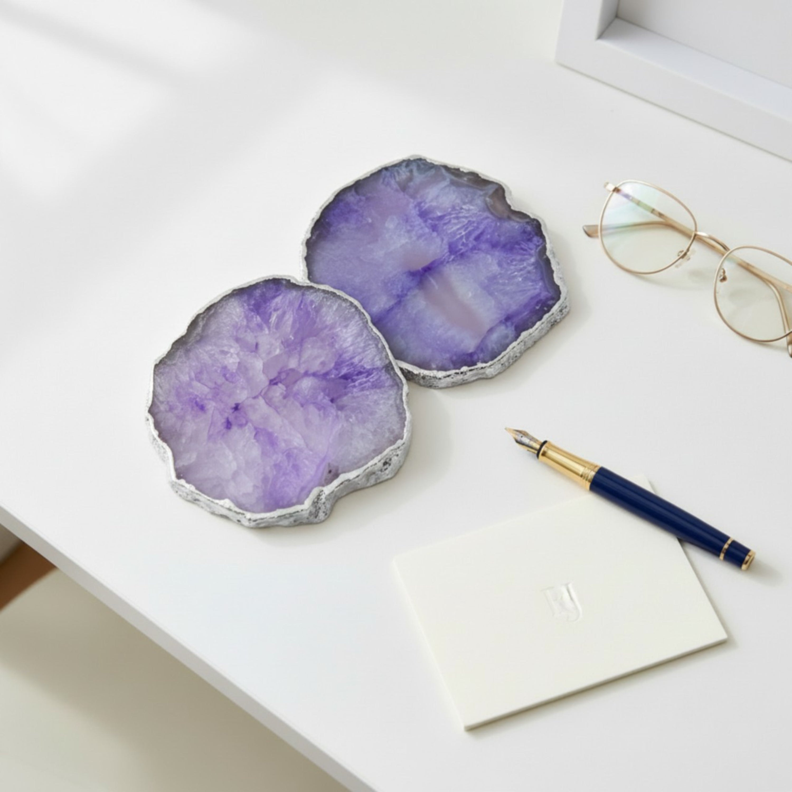 Blue  Crystal Agate Coaster With Silver Plating Set of 2