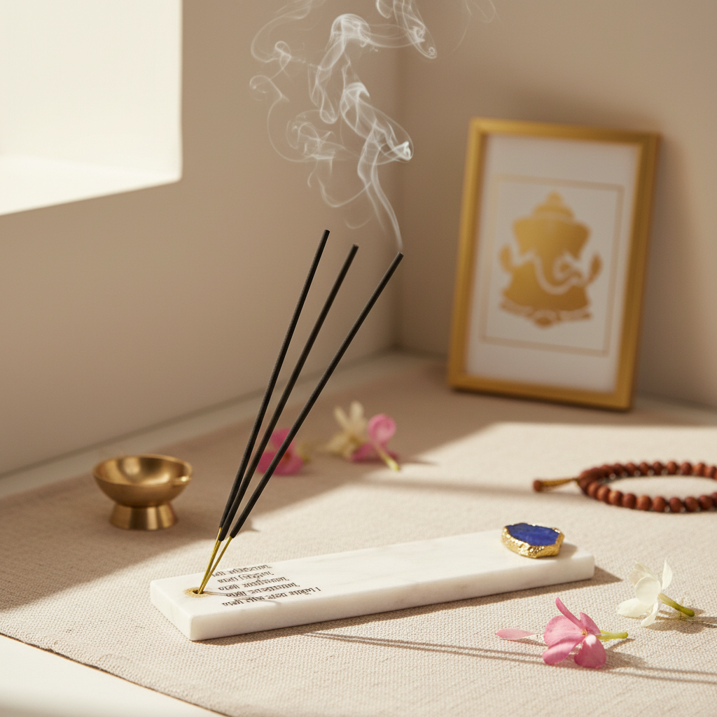 Marble with Agate Namokar Mantra Agarbatti Stand Puja Incense Stick Holder with Ash Catcher Incense Burner
