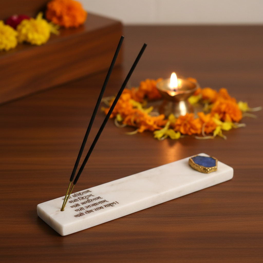 Marble with Agate Namokar Mantra Agarbatti Stand Puja Incense Stick Holder with Ash Catcher Incense Burner