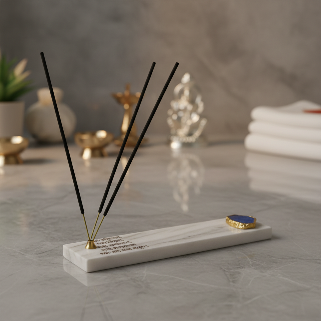 Marble with Agate Namokar Mantra Agarbatti Stand Puja Incense Stick Holder with Ash Catcher Incense Burner