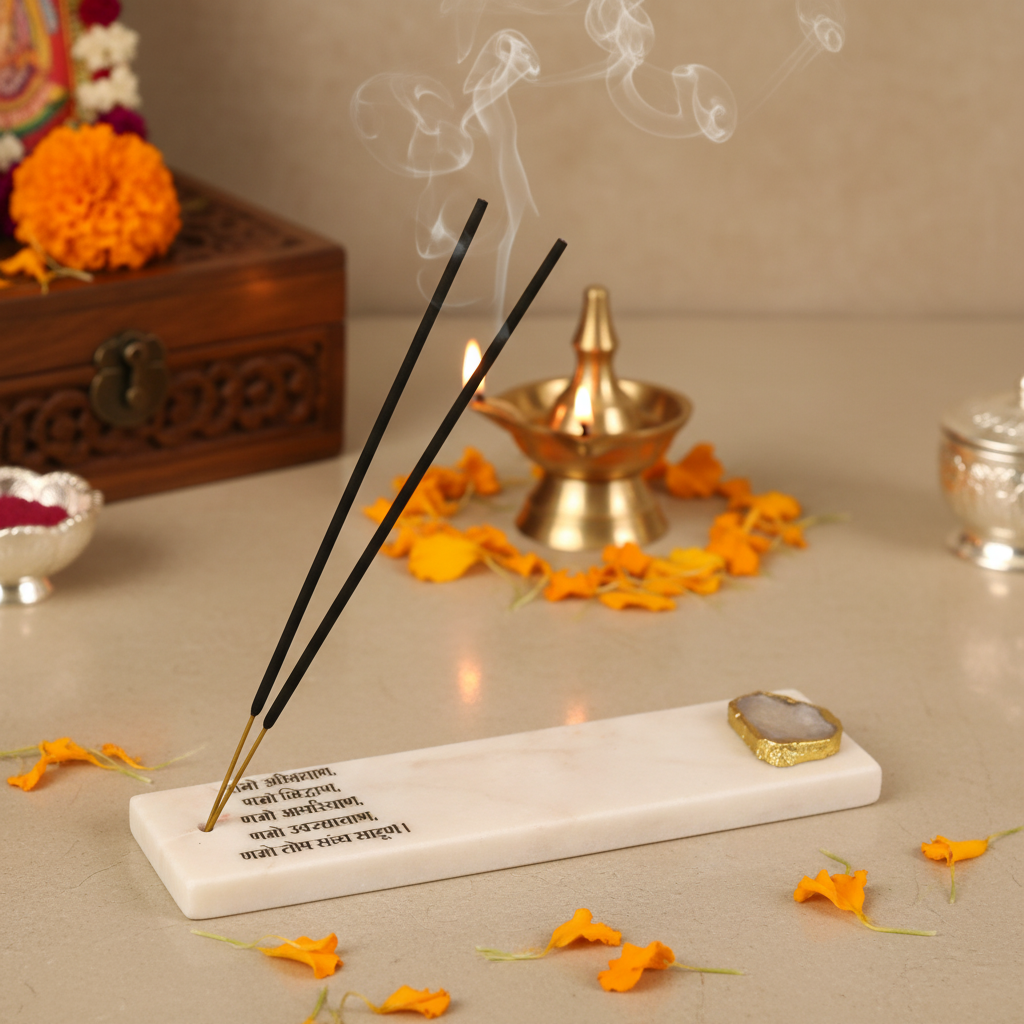 Marble with Agate Namokar Mantra Agarbatti Stand Puja Incense Stick Holder with Ash Catcher Incense Burner