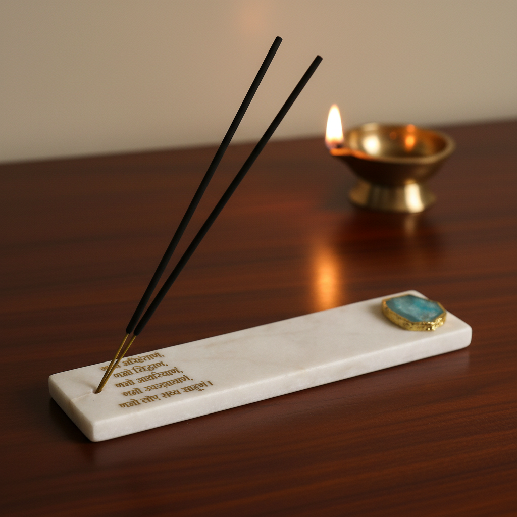 Marble with Agate Namokar Mantra Agarbatti Stand Puja Incense Stick Holder with Ash Catcher Incense Burner