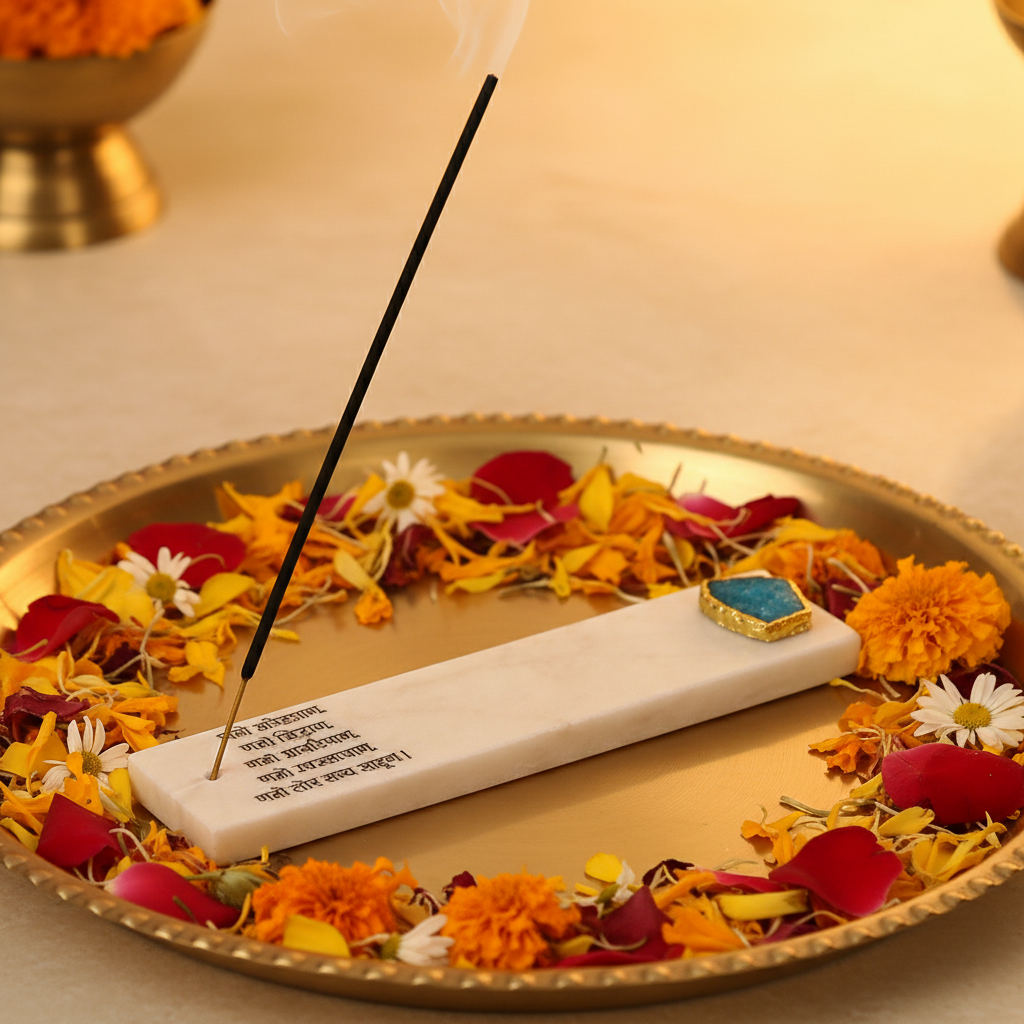 Marble with Agate Namokar Mantra Agarbatti Stand Puja Incense Stick Holder with Ash Catcher Incense Burner