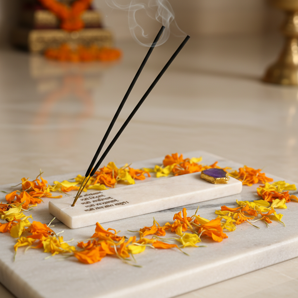 Marble with Agate Namokar Mantra Agarbatti Stand Puja Incense Stick Holder with Ash Catcher Incense Burner