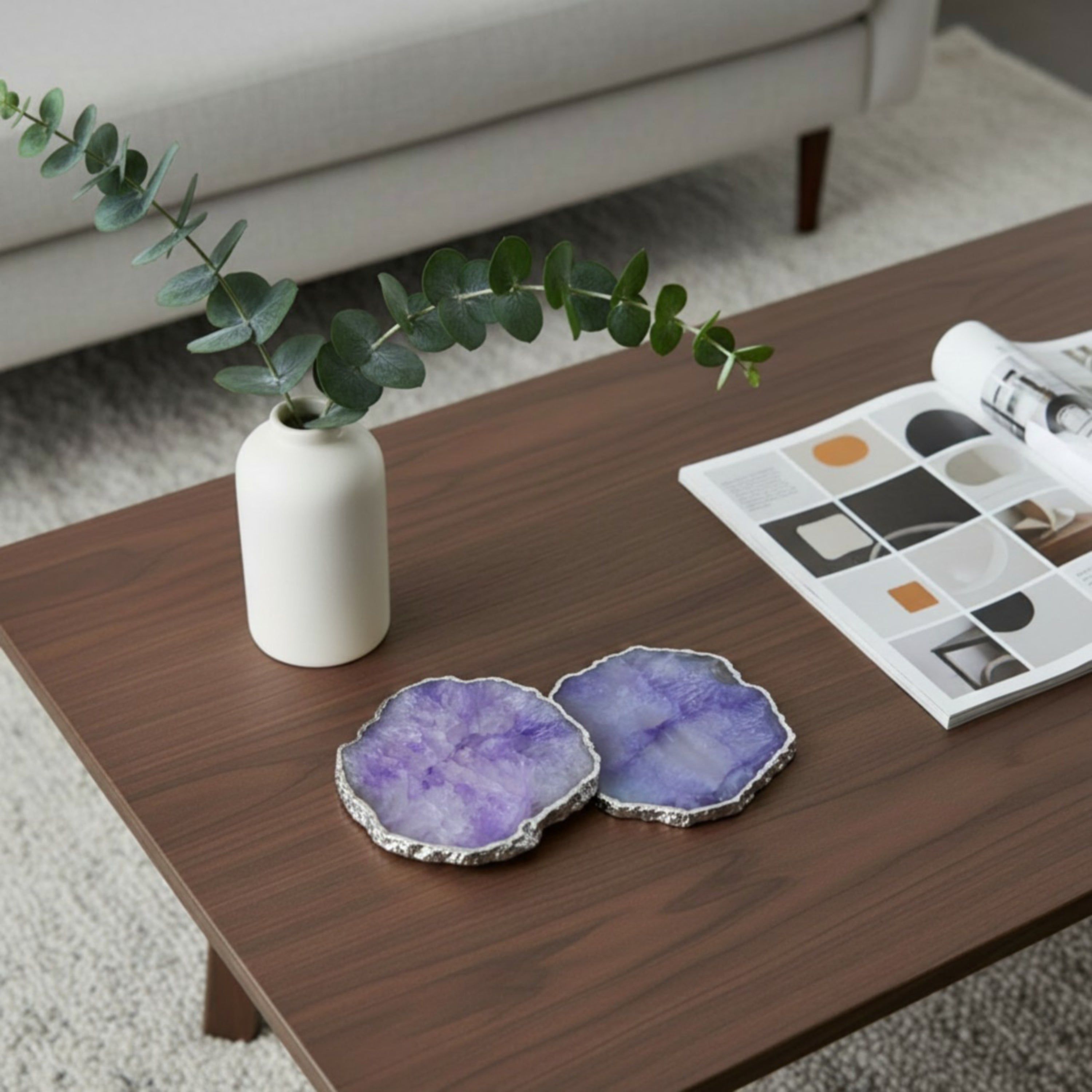 Brown  Crystal Agate Coaster With Silver Plating Set of 2
