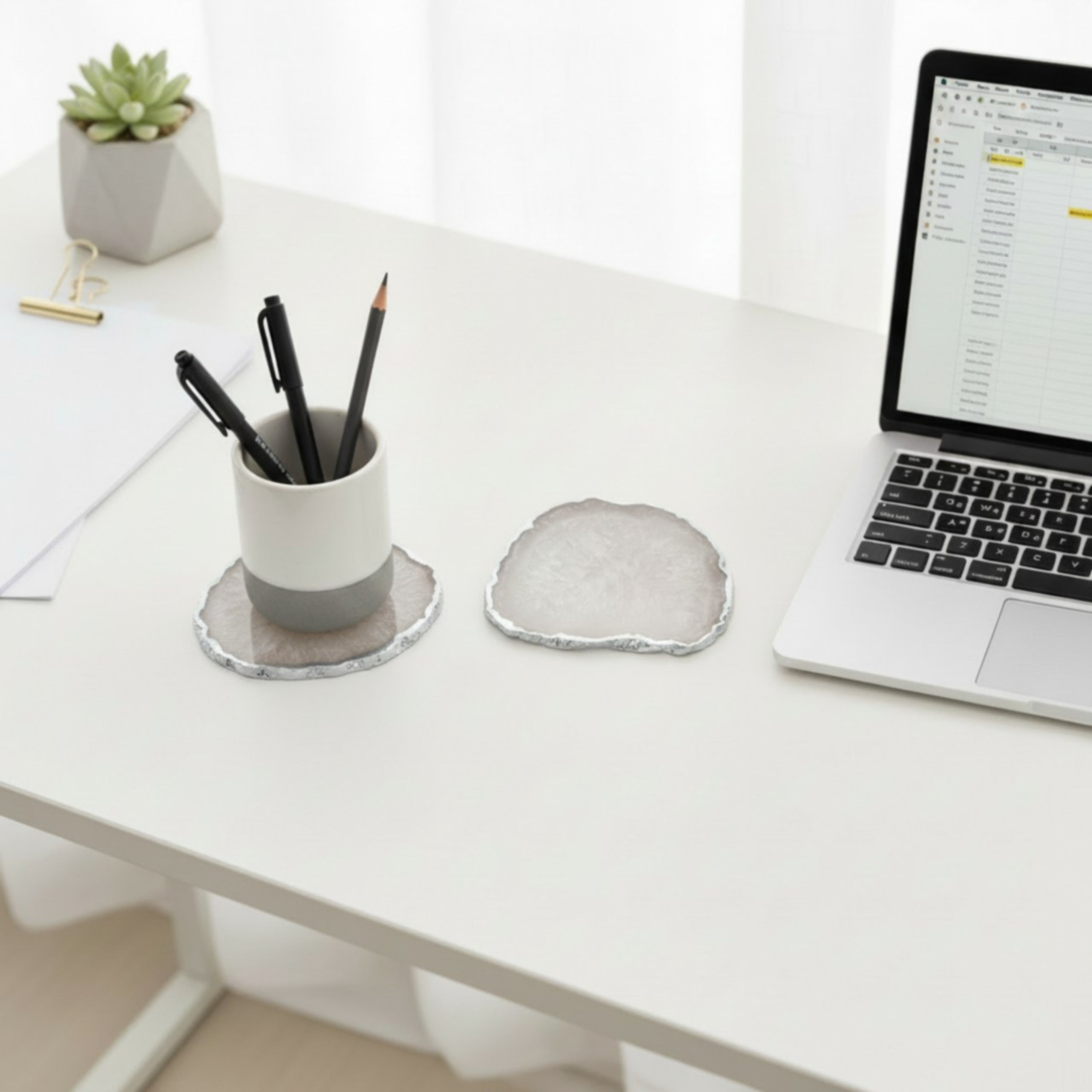 White  Crystal Agate Coaster With Silver Plating Set Of 02