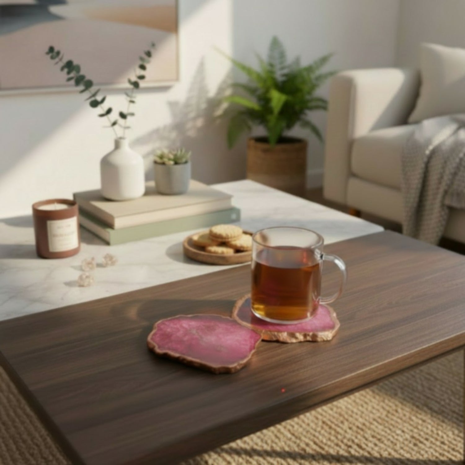 Pink Crystal Agate Coaster With Rose Gold Plating Set of 2