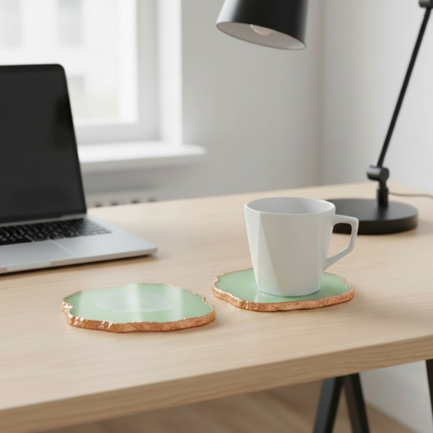 Green Crystal Agate Coaster With Rose Gold Plating Set Of 2