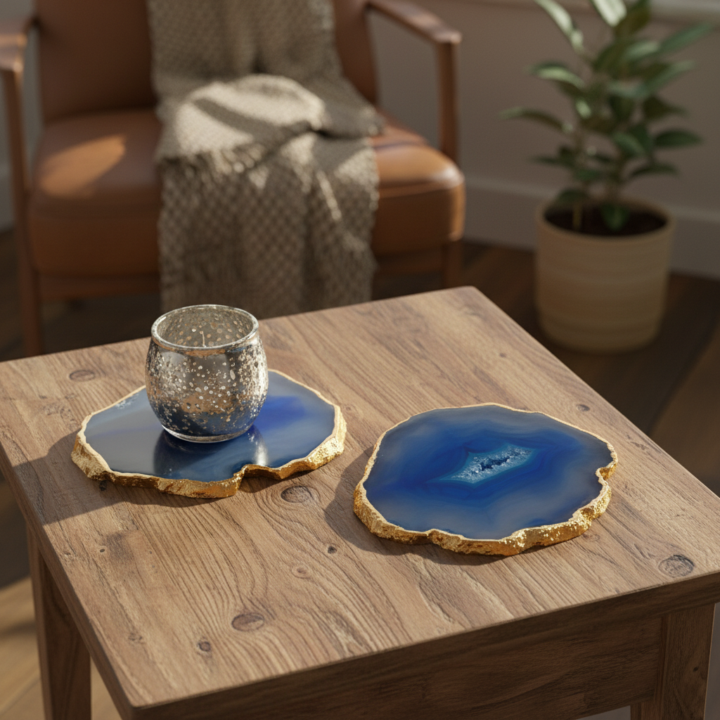 Blue Brazilian Agate Coaster with Gold Plating