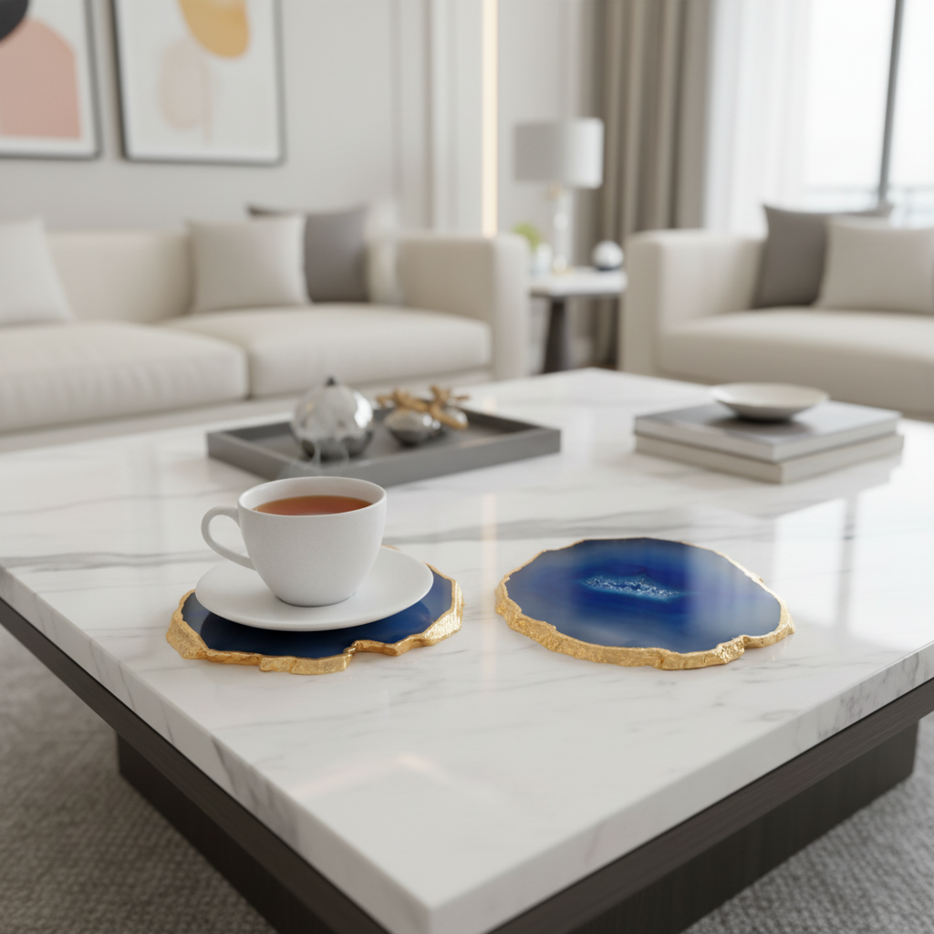 Blue Brazilian Agate Coaster with Gold Plating