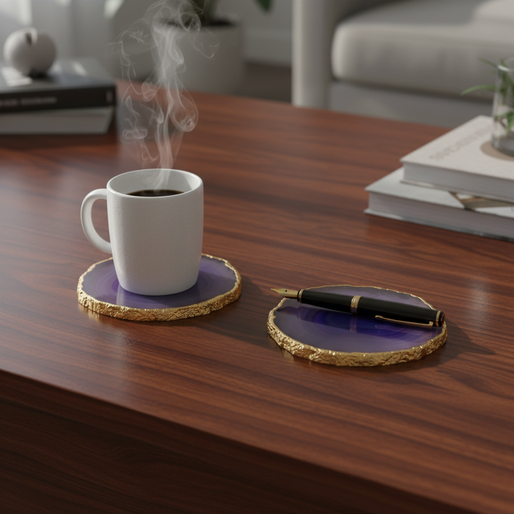 Purple Brazilian Agate Coaster with Gold Plating