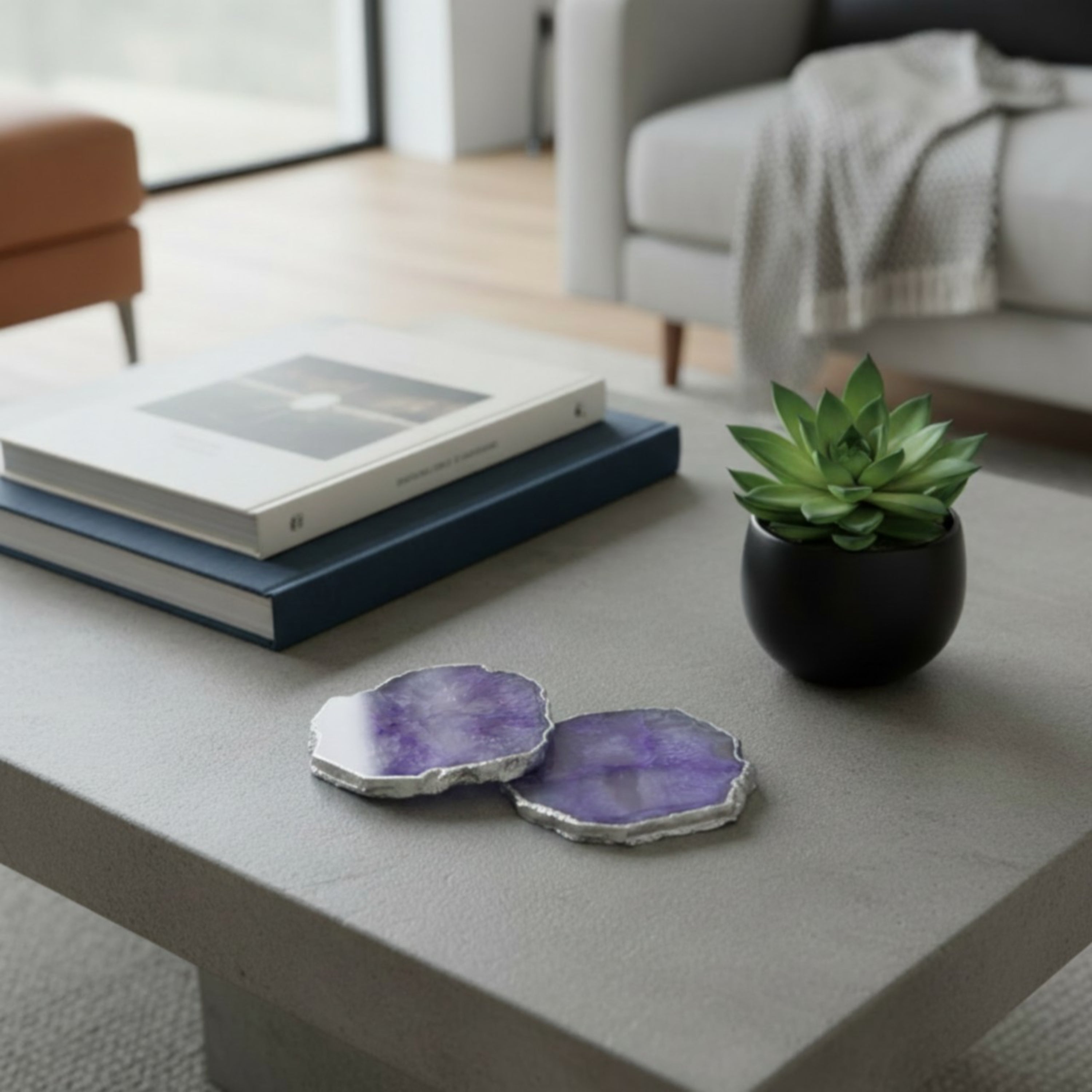 Purple  Crystal Agate Coaster With Silver Plating Set of 2