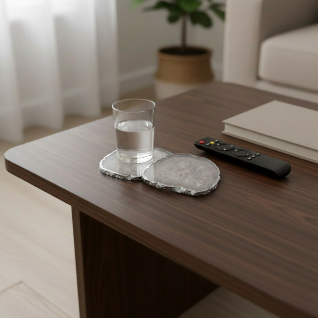 White  Crystal Agate Coaster With Silver Plating Set Of 02