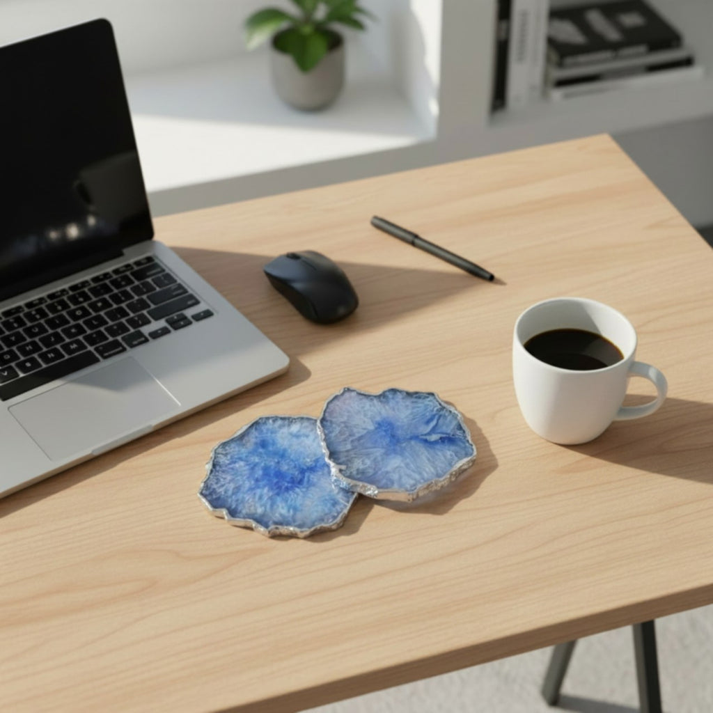 Blue  Crystal Agate Coaster With Silver Plating Set of 2