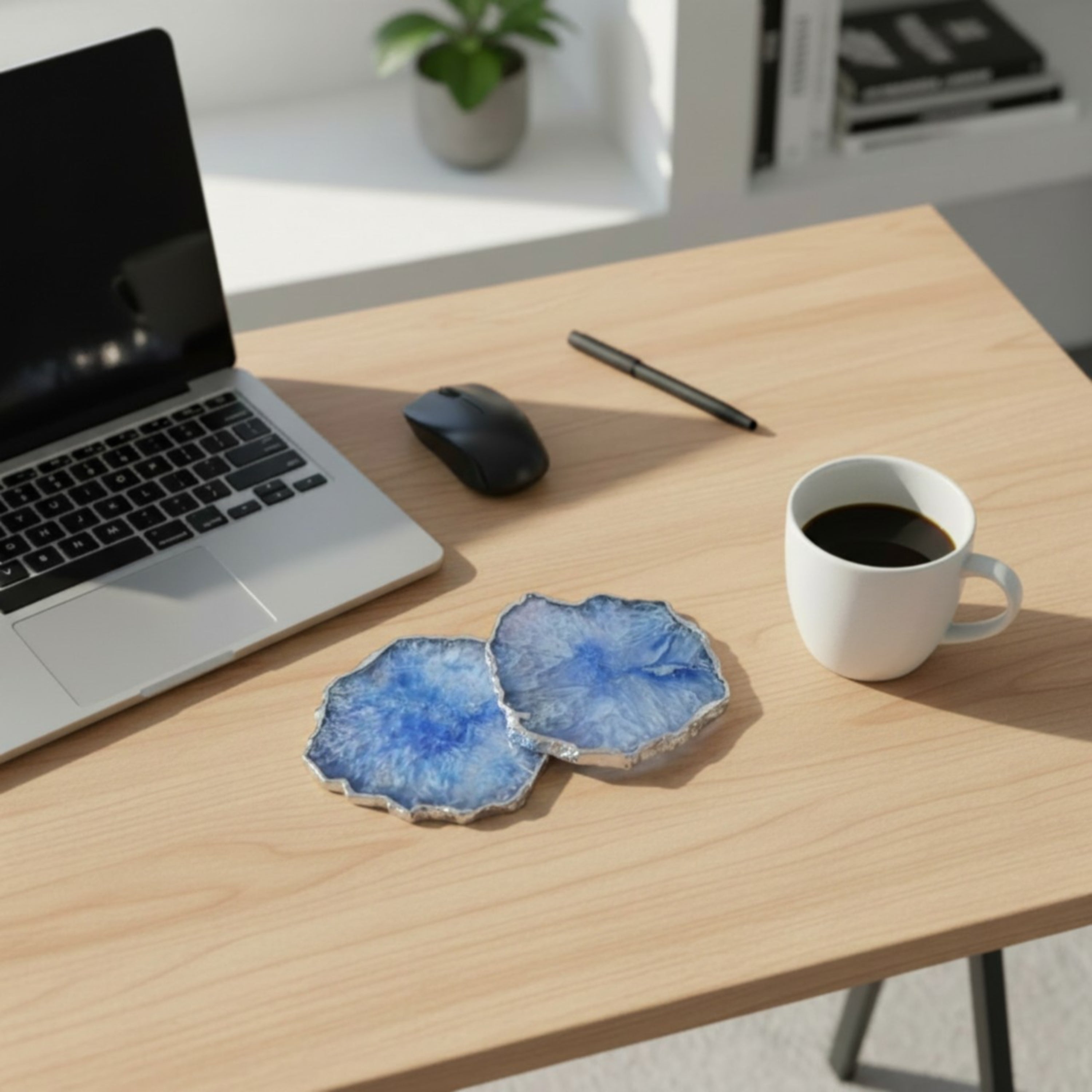 Blue  Crystal Agate Coaster With Silver Plating Set of 2