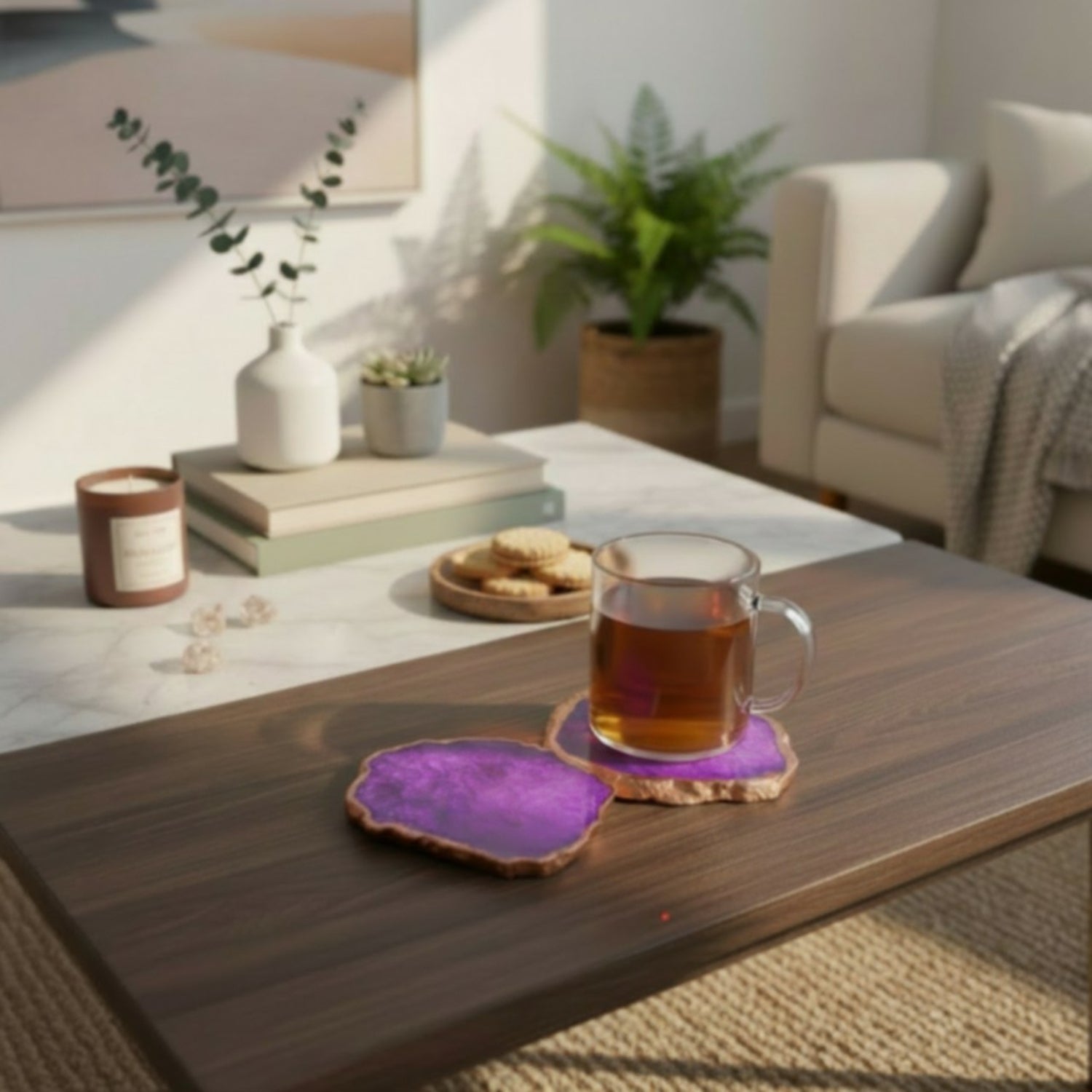 Purple  Crystal Agate Coaster With Rose Gold Plating Set Of 2