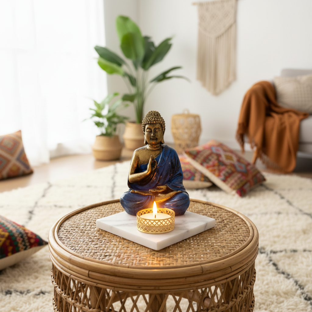 Dark Blue Meditating Buddha Idol with Tealight Candle Holder