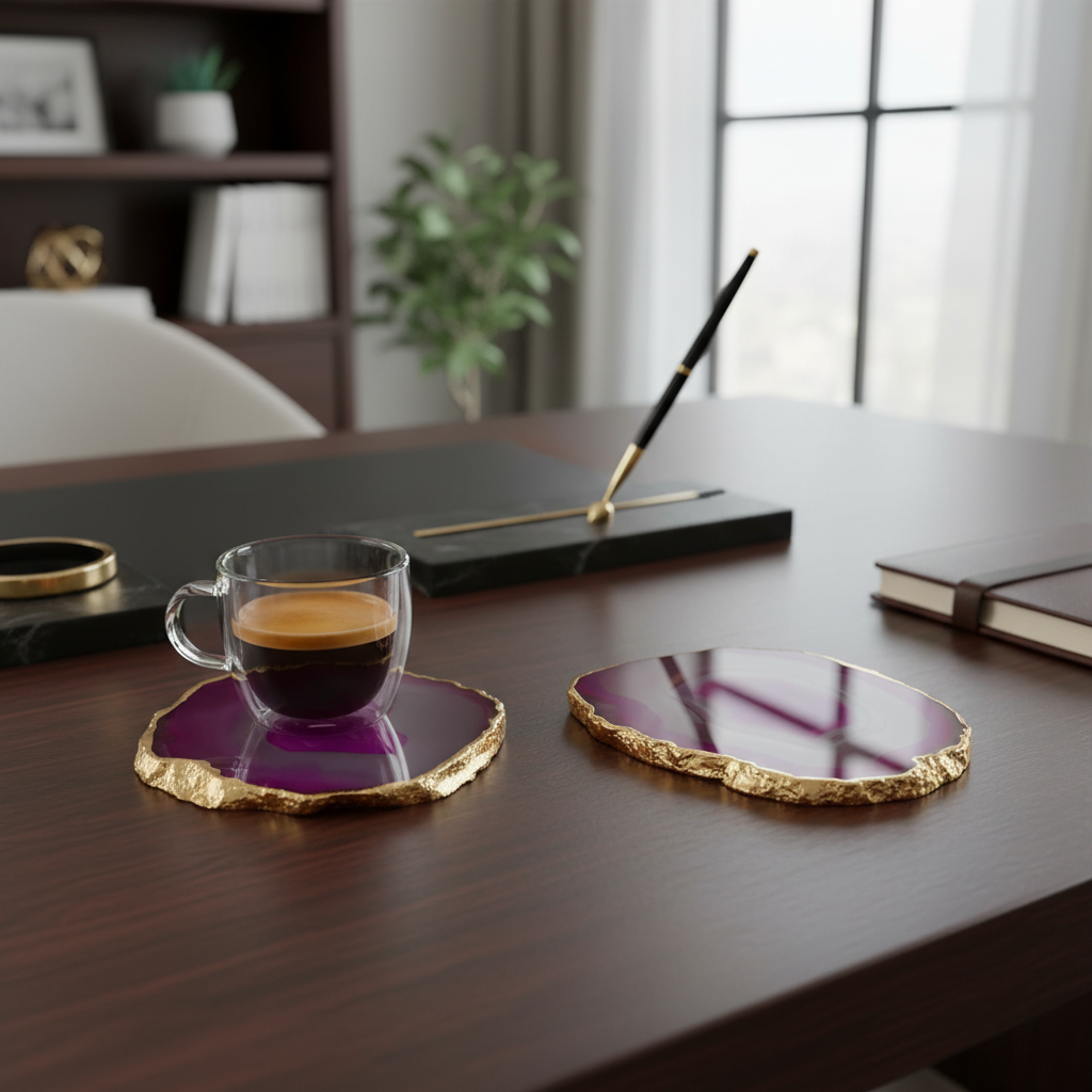 Pink Brazilian Agate Coaster with Gold Plating