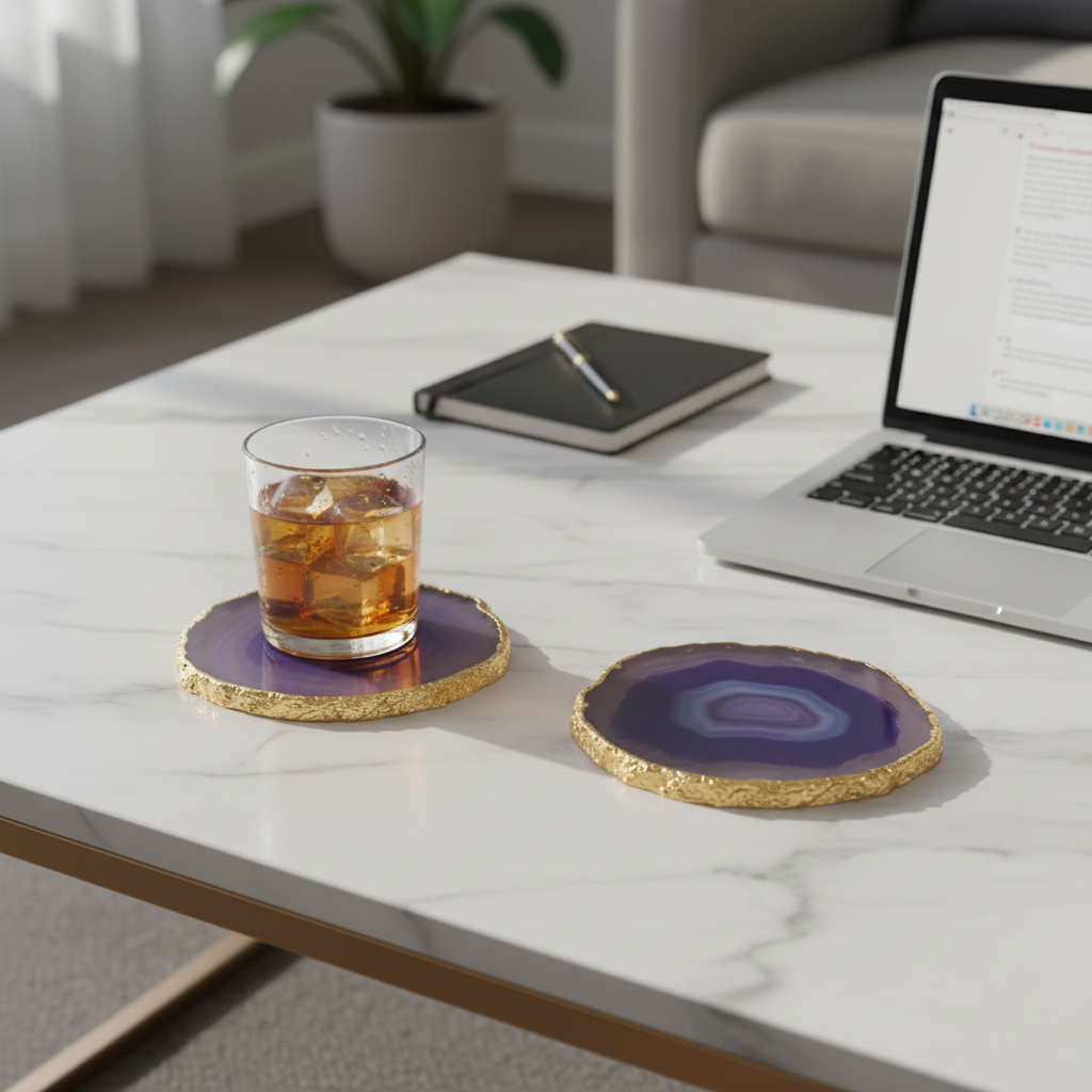 Pink Brazilian Agate Coaster with Gold Plating