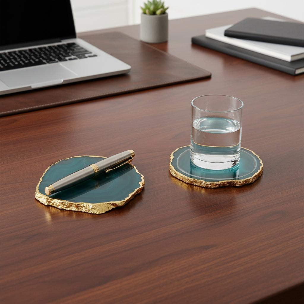 Green Brazilian Agate Coaster with Gold Plating