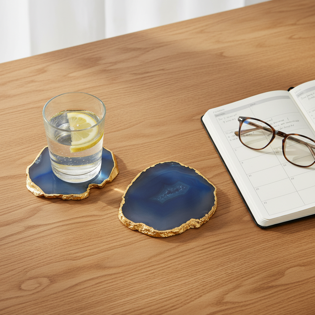 Blue Brazilian Agate Coaster with Gold Plating