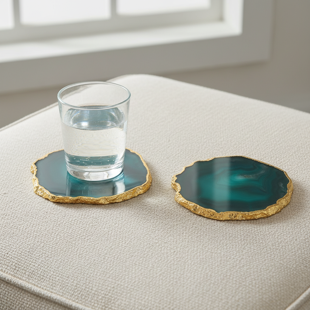 Blue Brazilian Agate Coaster with Gold Plating