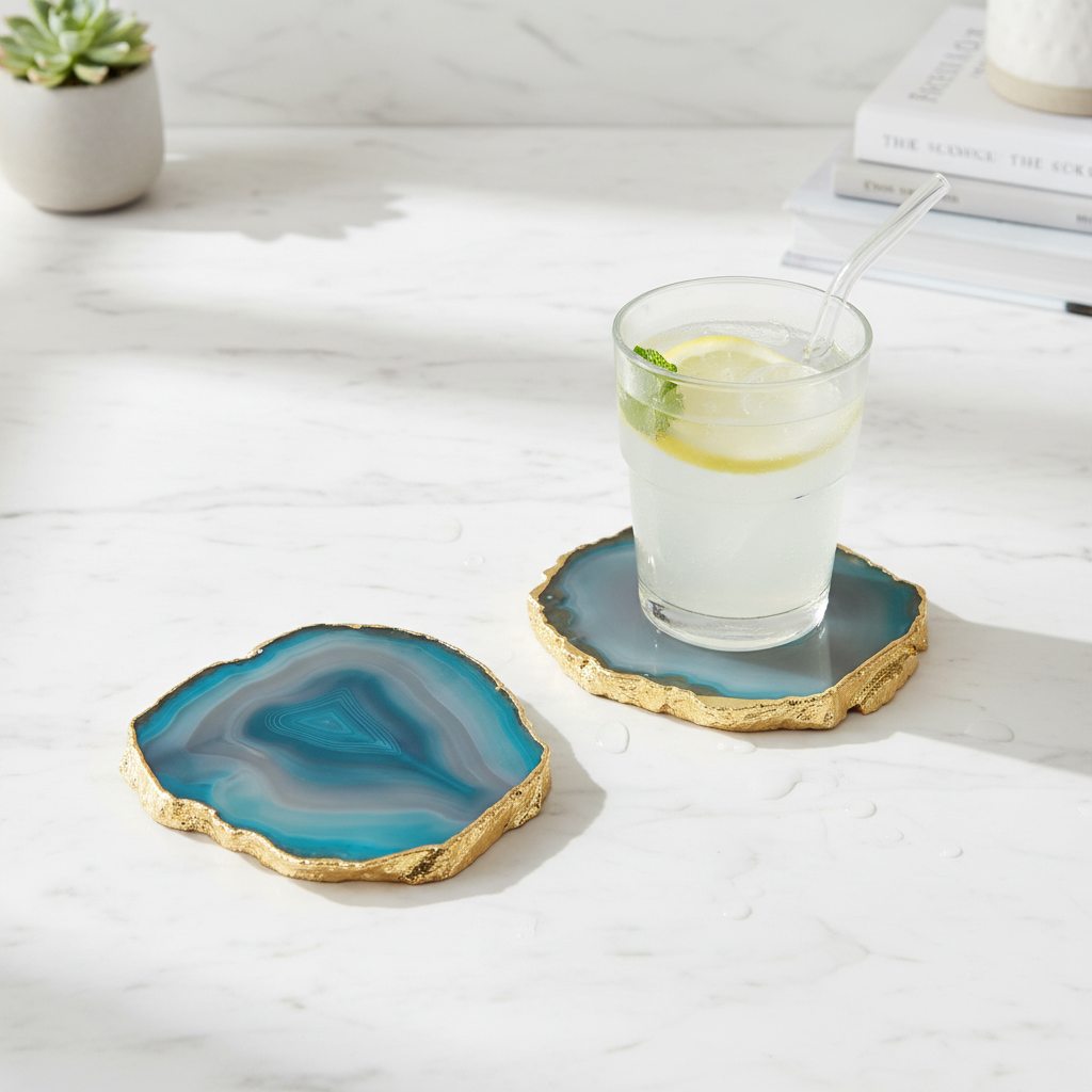Blue Brazilian Agate Coaster with Gold Plating