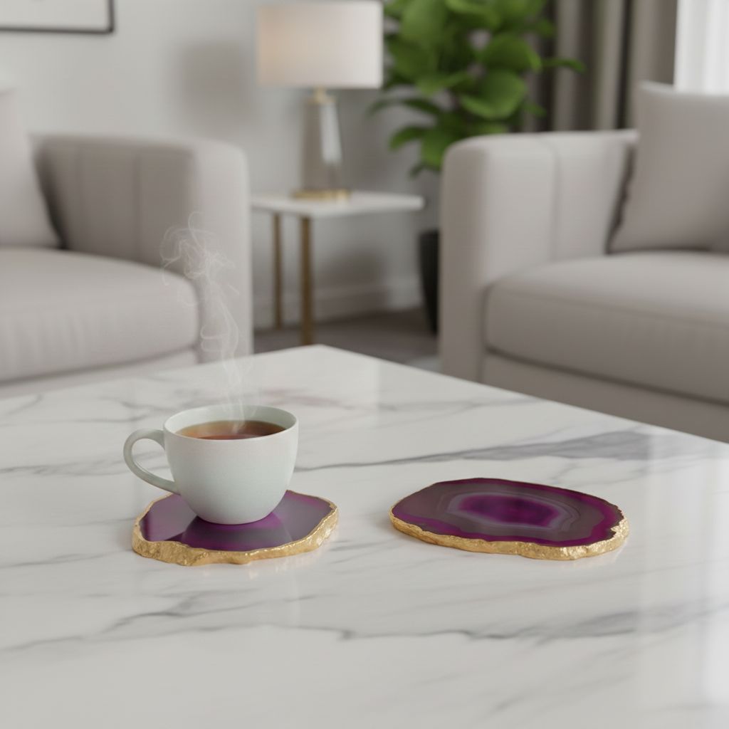 Pink Brazilian Agate Coaster with Gold Plating