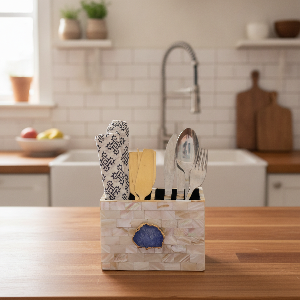 Blue Agate  With Mother Of Pearl Cutlery Holder