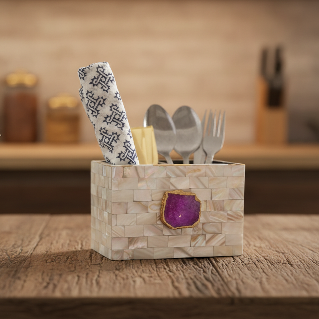 Pink Agate  With Mother Of Pearl Cutlery Holder