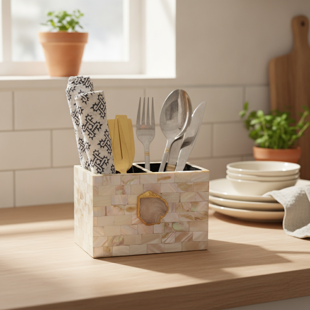 White Agate  With Mother Of Pearl  Cutlery Holder