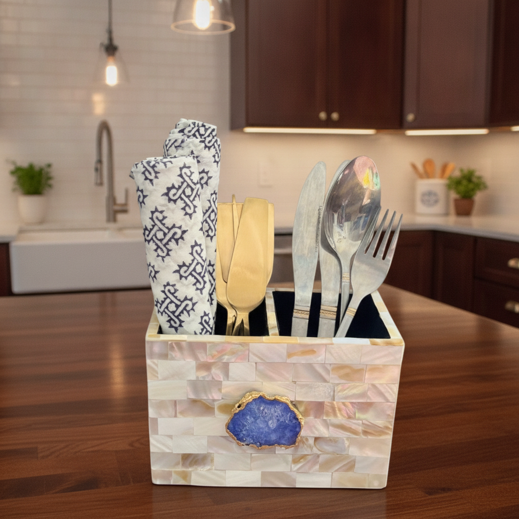 Blue Agate  With Mother Of Pearl Cutlery Holder