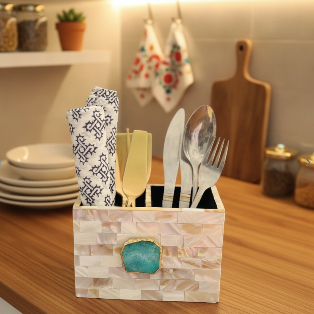 Pink Agate  With Mother Of Pearl Cutlery Holder