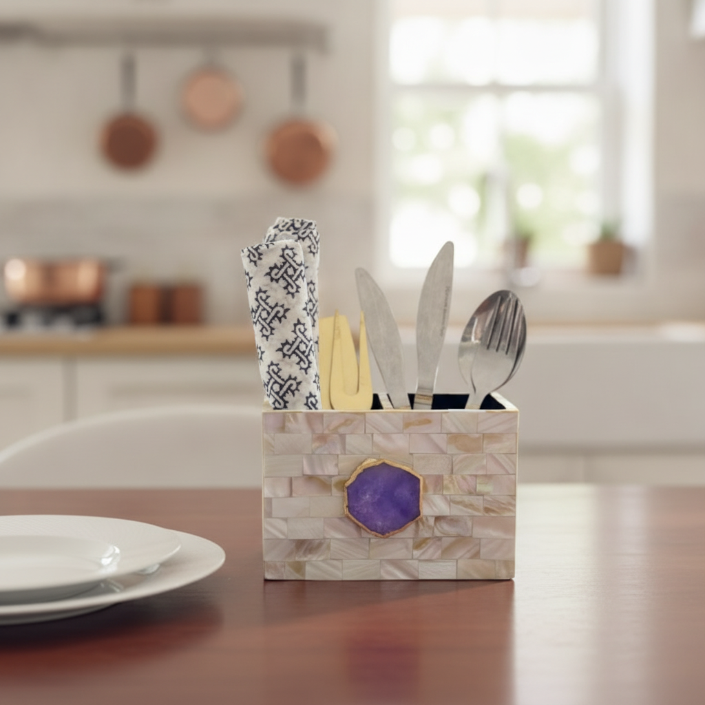 White Agate  With Mother Of Pearl  Cutlery Holder
