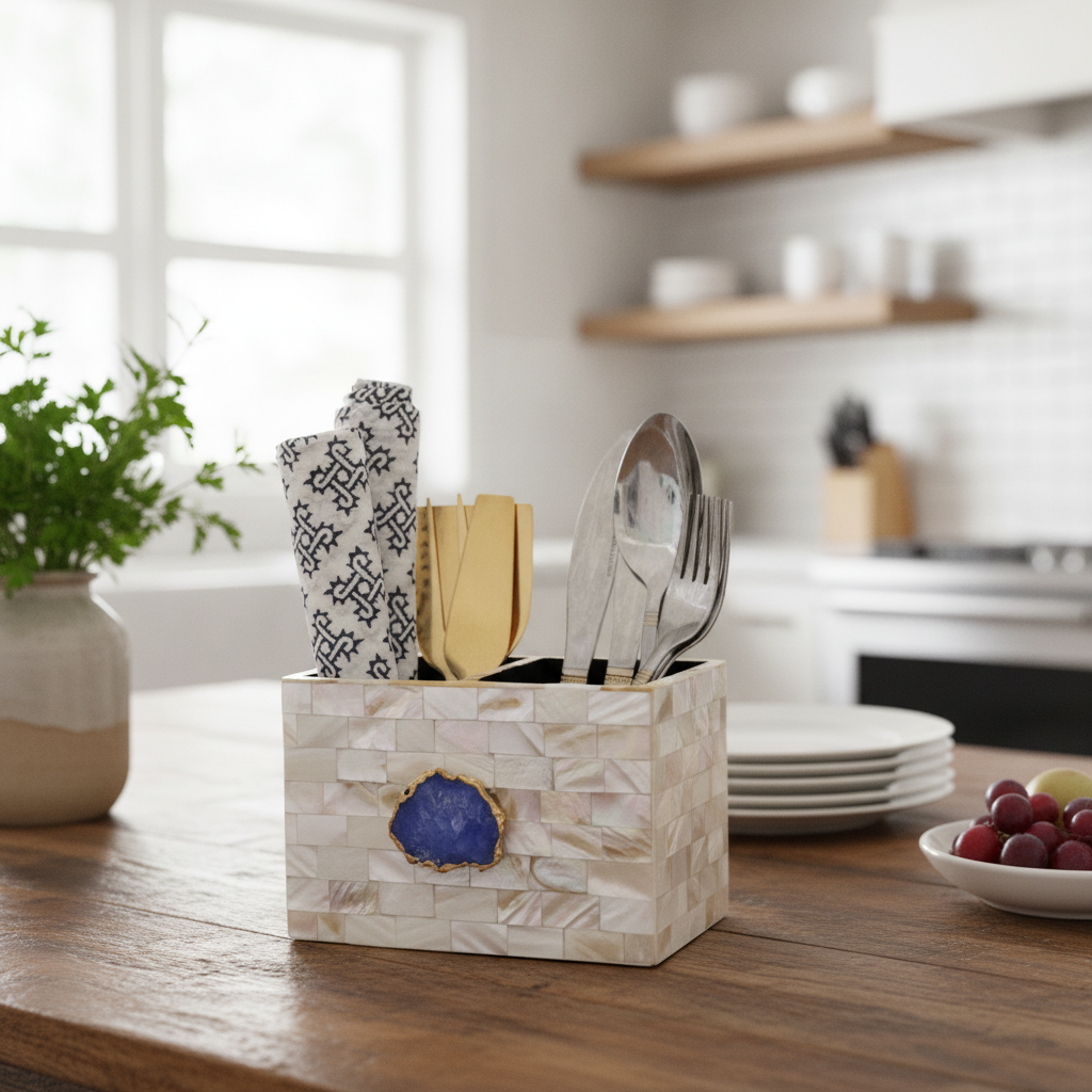 Blue Agate  With Mother Of Pearl Cutlery Holder