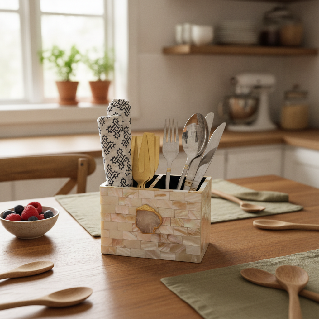 White Agate  With Mother Of Pearl  Cutlery Holder
