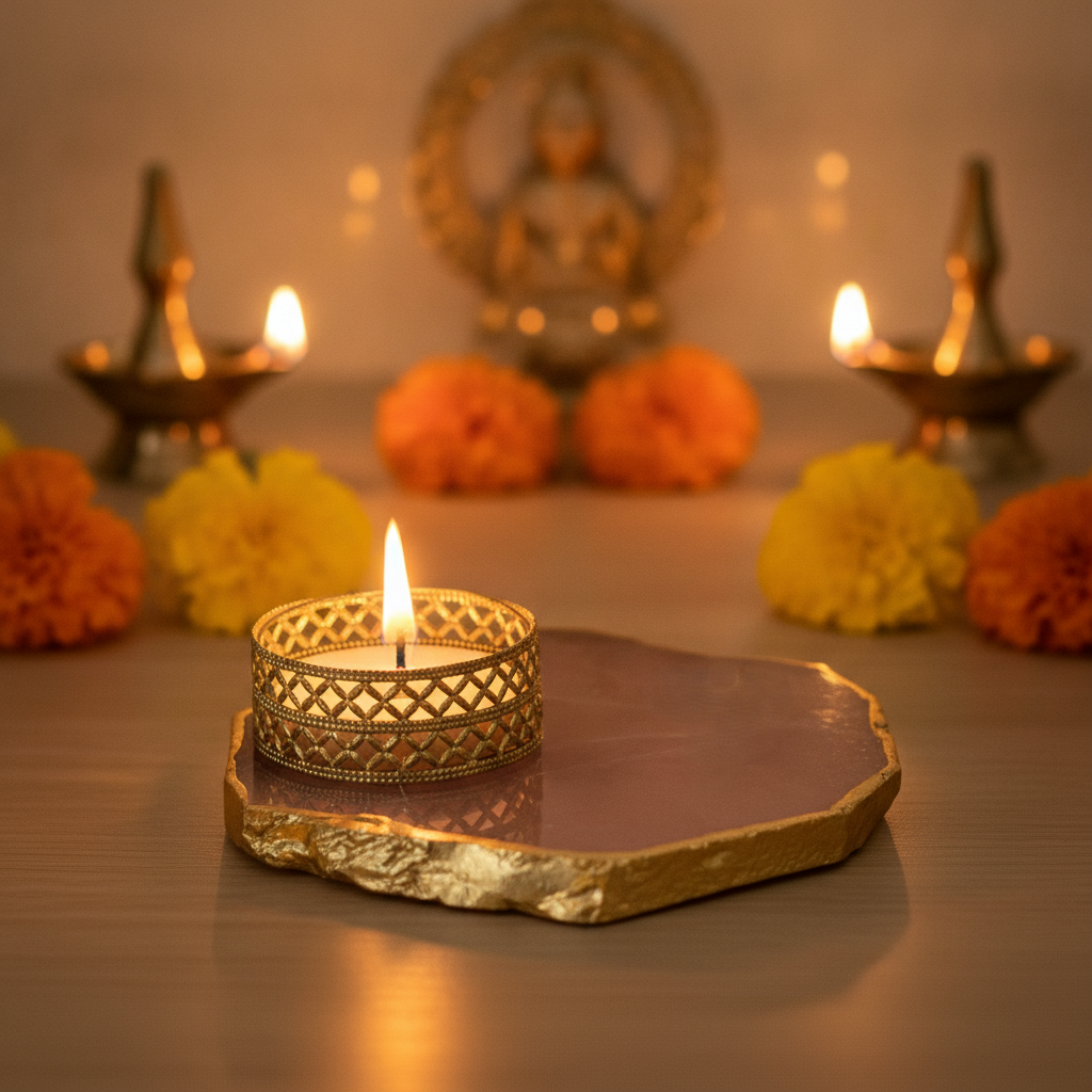 Agate Tea Light Holder with Gold Plated, Diwali Decor