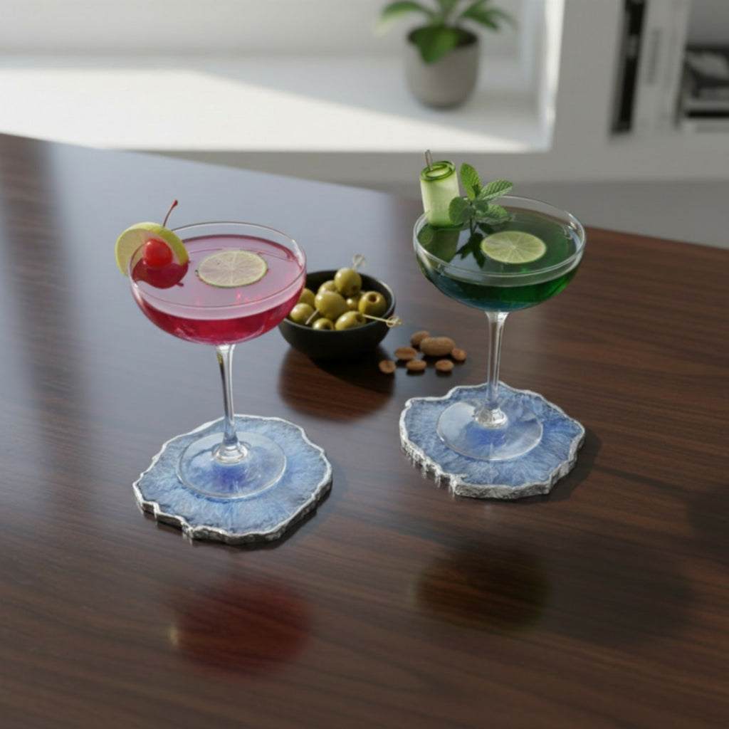 Blue  Crystal Agate Coaster With Silver Plating Set of 2