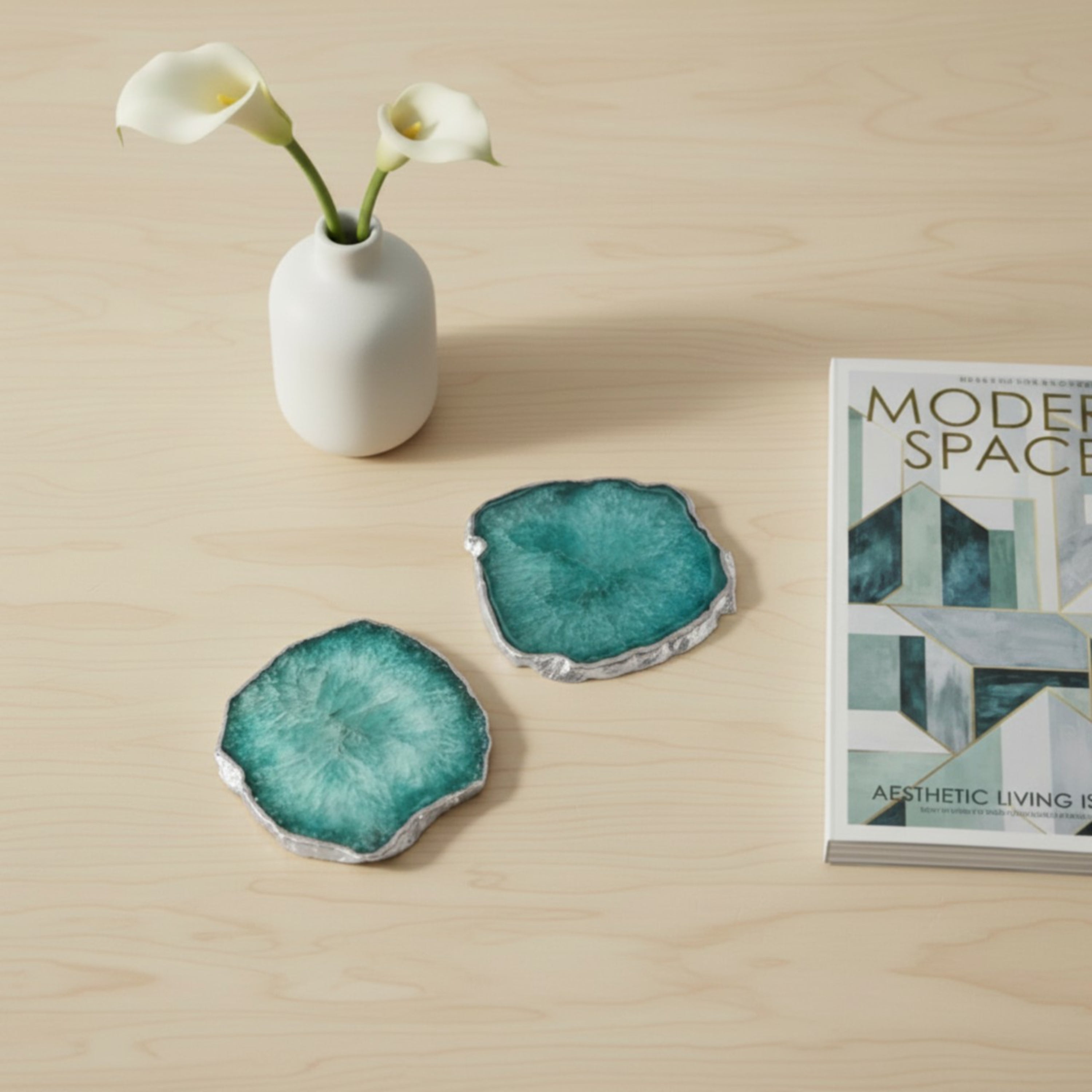 White  Crystal Agate Coaster With Silver Plating Set Of 02