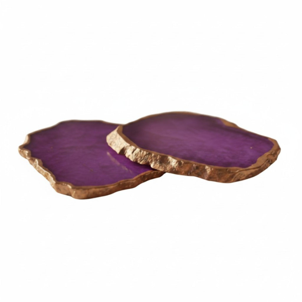Purple  Crystal Agate Coaster With Rose Gold Plating Set Of 2