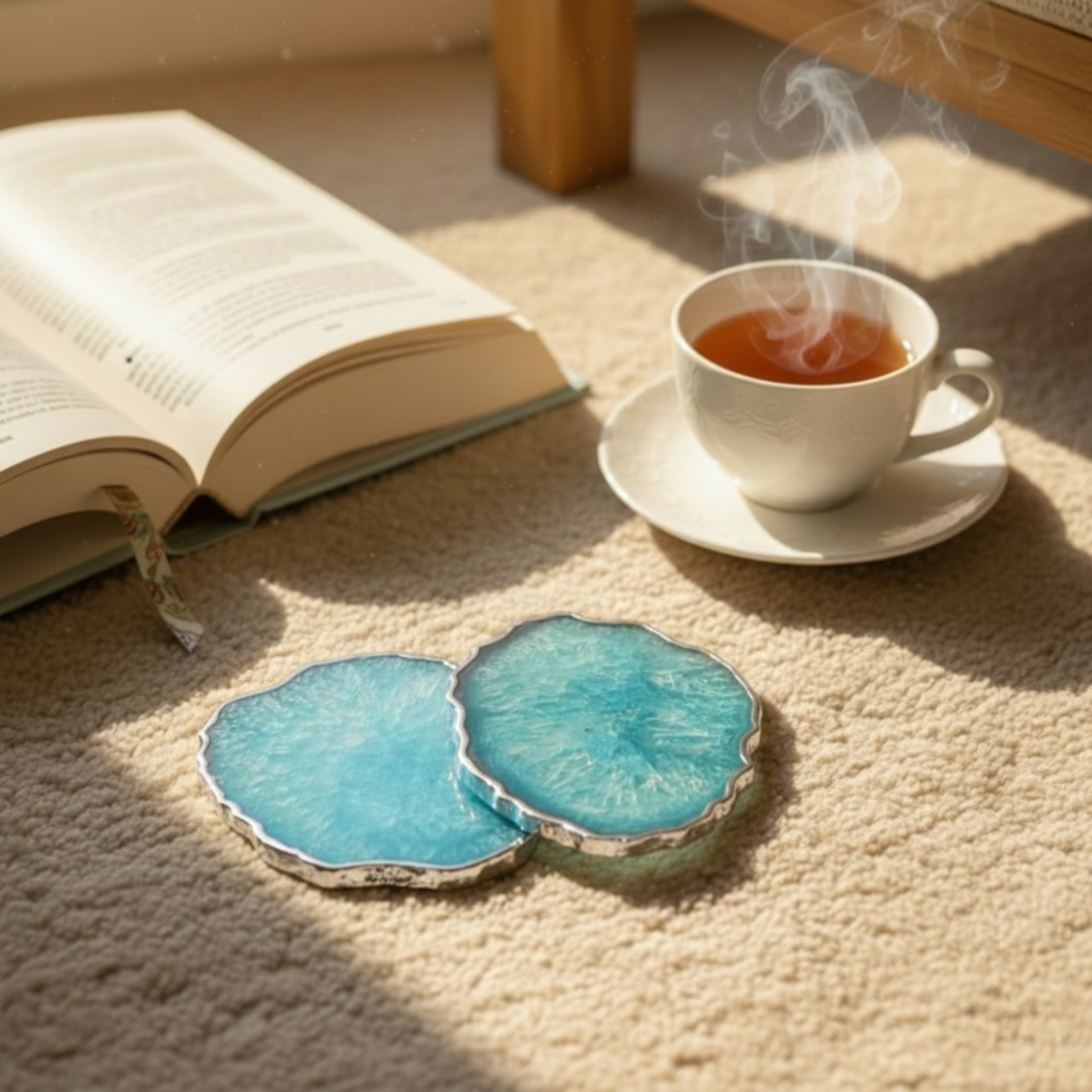 Brown  Crystal Agate Coaster With Silver Plating Set of 2