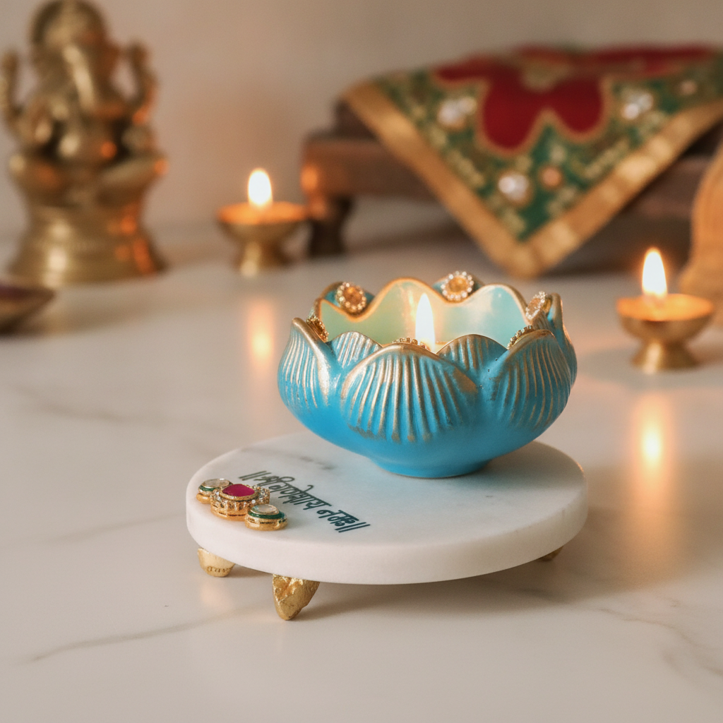White Marble Choki And Polyresin Tea Light Holder