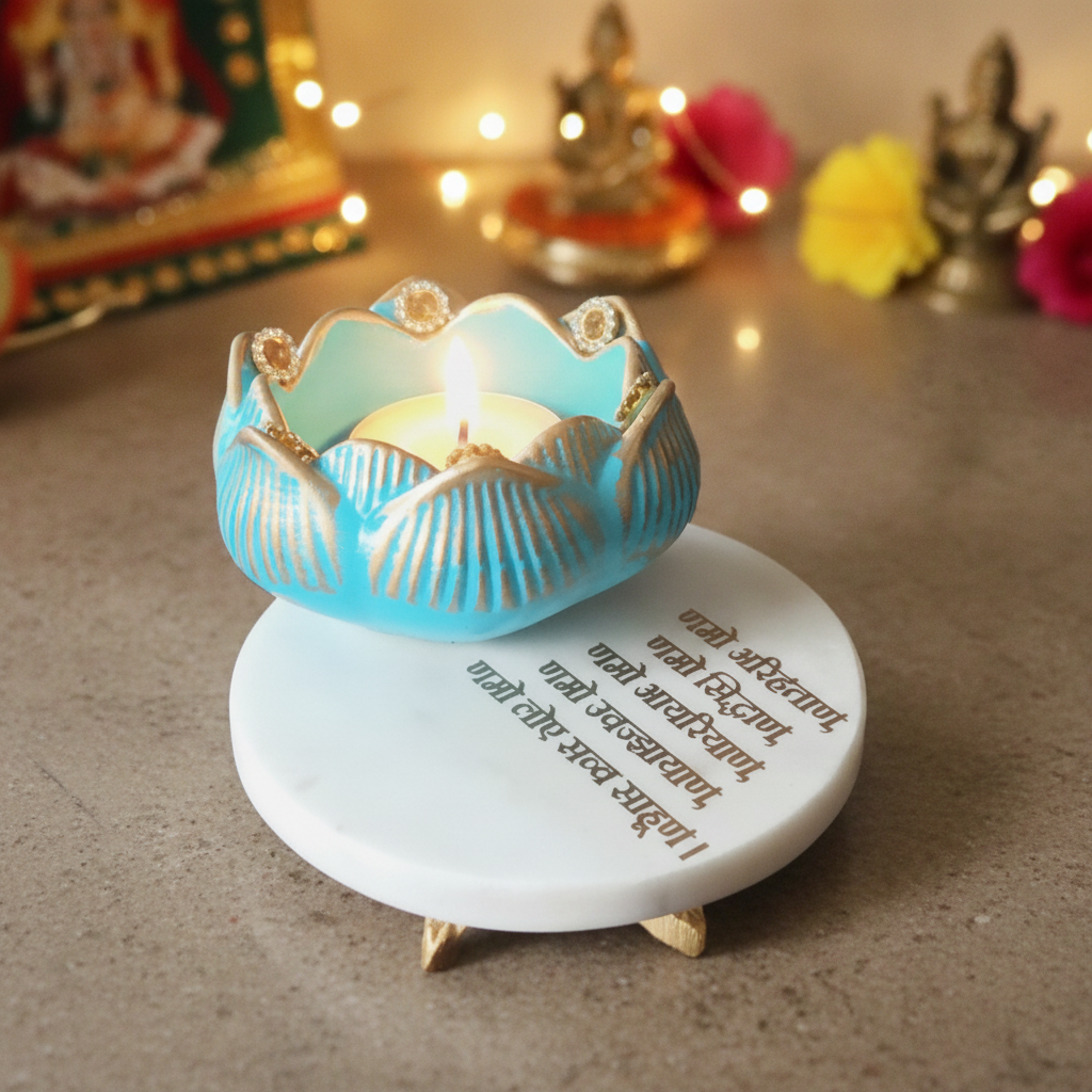 White Marble Choki And Polyresin Tea Light Holder