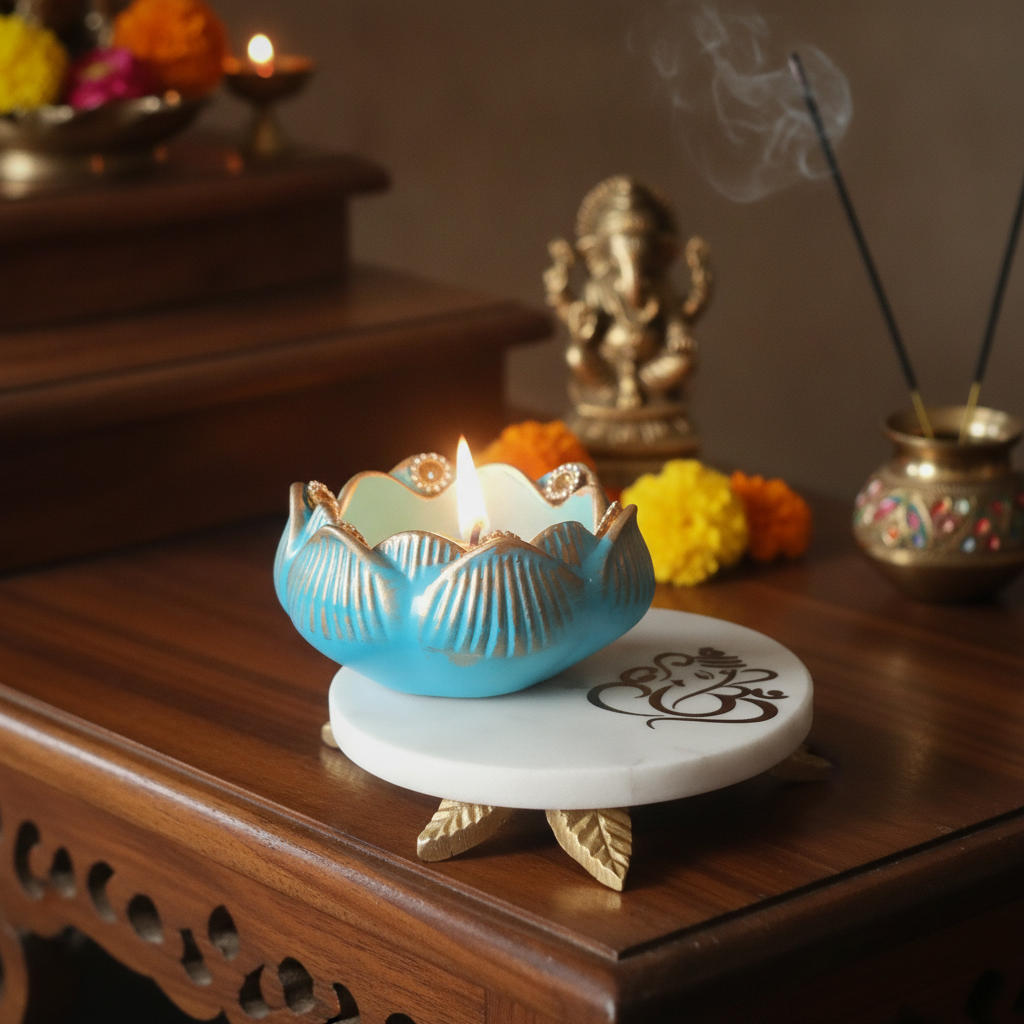 White Marble Choki And Polyresin Tea Light Holder