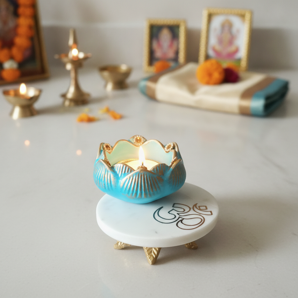 White Marble Choki And Polyresin Tea Light Holder