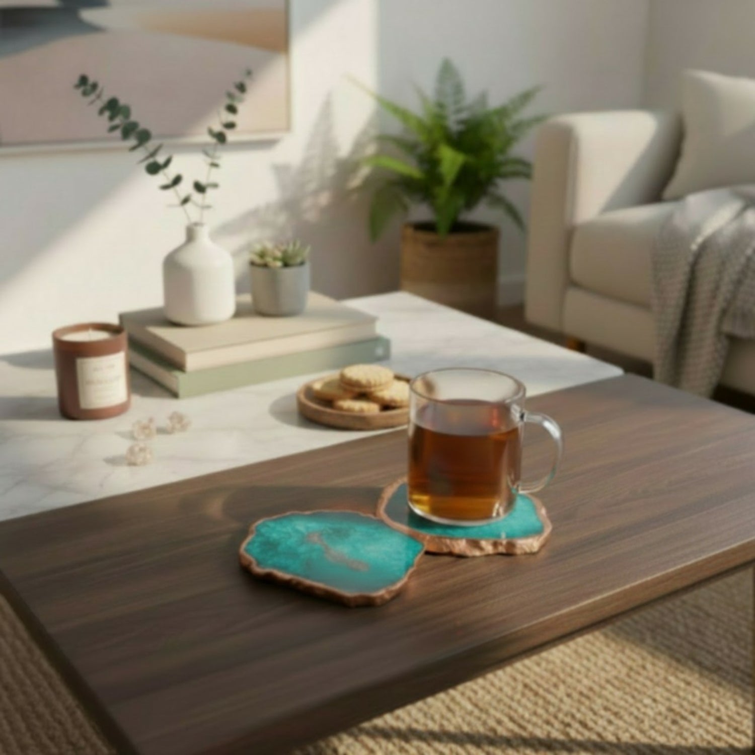 Turquoise  Crystal Agate Coaster With Rose Gold Plating Set Of 2